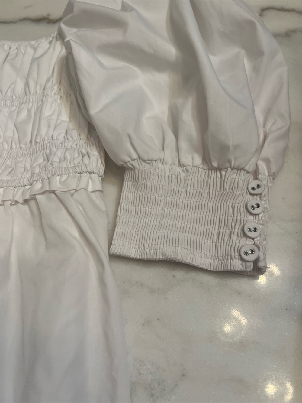 Emory Park Mini Dress Small White Puff Sleeves Smocked Milkmaid - Picture 6 of 9